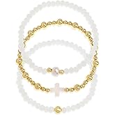 Tyebiva Gemstone Gold Beads Cross Stack Bracelets Set for Women, 3Pcs Boho Handmade Pearl Natural Stone Stretch Bracelet Holiday Prom Jewelry Gift.