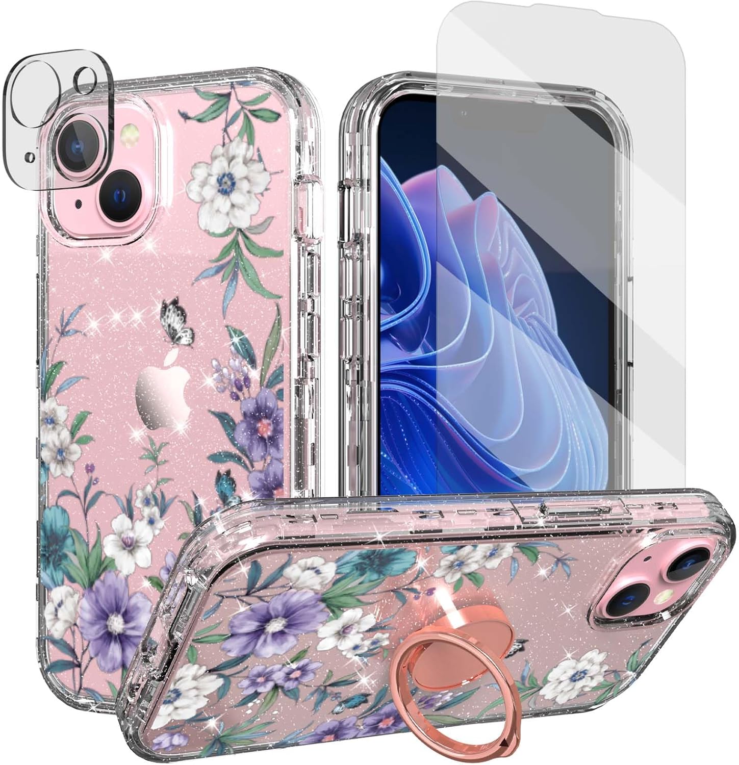 Paintings - ACKETBOX for iPhone 15 Case with Screen Protector & Camera Lens Protector + Ring Bracket，Sparkly Bling Design for Women and Girls Full Body Protective Phone Case for iPhone 15 (Flower-04)