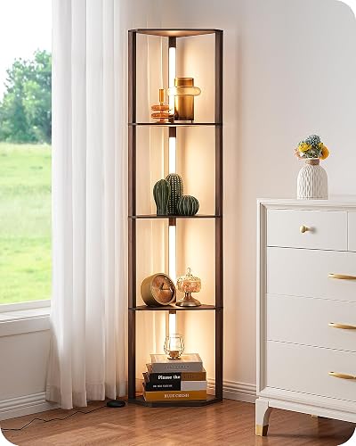 EDISHINE LED Floor Lamp with Shelves Walnut Brown 4-Tier Triangular Storage
