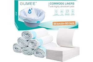 OUMEE 60 Commode Liners with Absorbent Pads, 60 Bedside Commode Liners and 60 Pads for Commode Bucket, Disposable Commode Bags for Adults, Portable Leak-Proof Potty Chair Liners (21 * 16in-60+60)