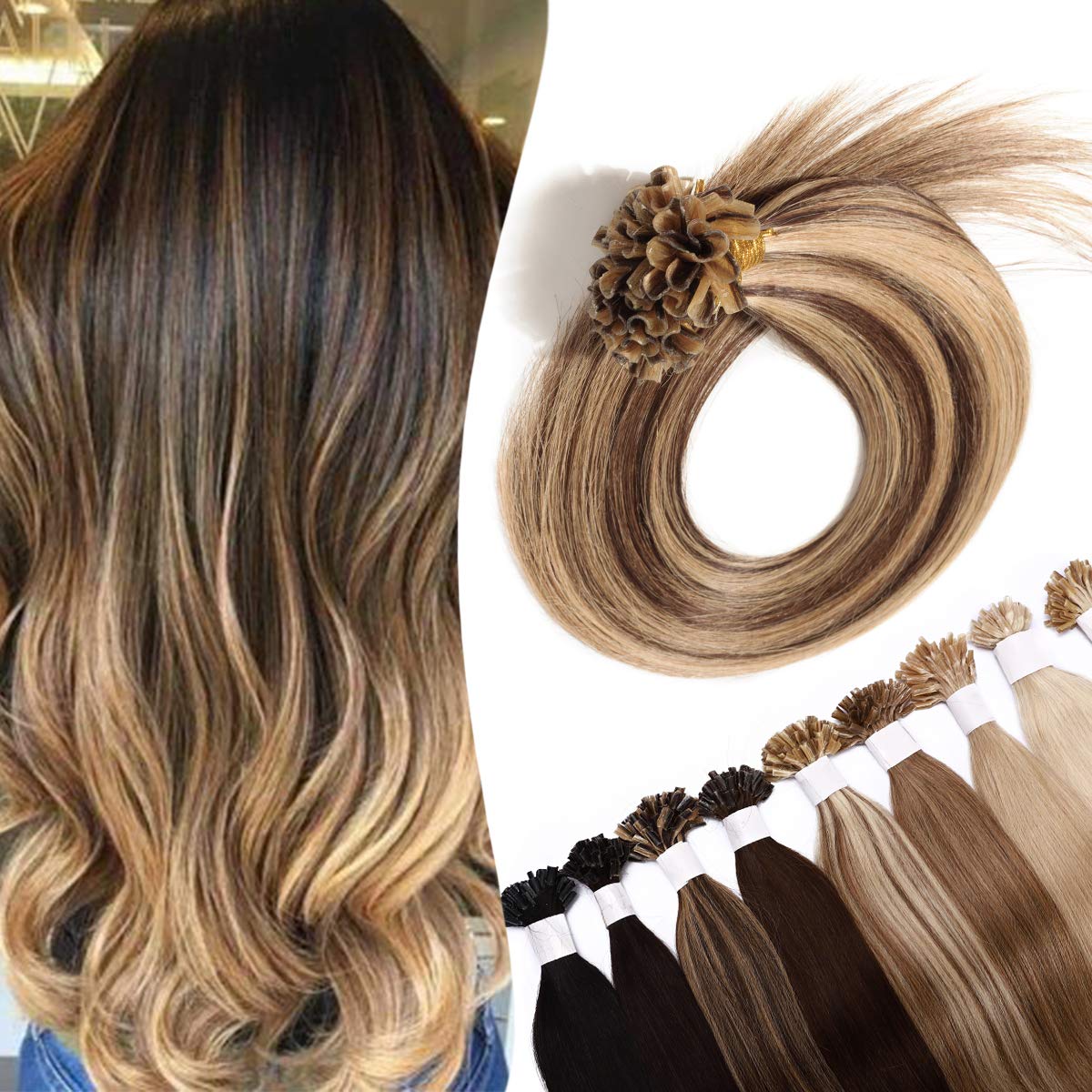 22" Pre Bonded Human Hair Extensions 100 Strands #4/27 Medium Brown&Dark Blonde (50g)