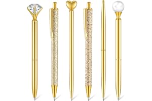 Qeeenar 6 Pcs Ballpoint Pens Set Metal Crystal Diamond Pen for Journaling Glitter Pretty Cute Stationery Black Ink Fancy Gifts for Women Girls Teacher Office Wedding School Supplies(Gold)