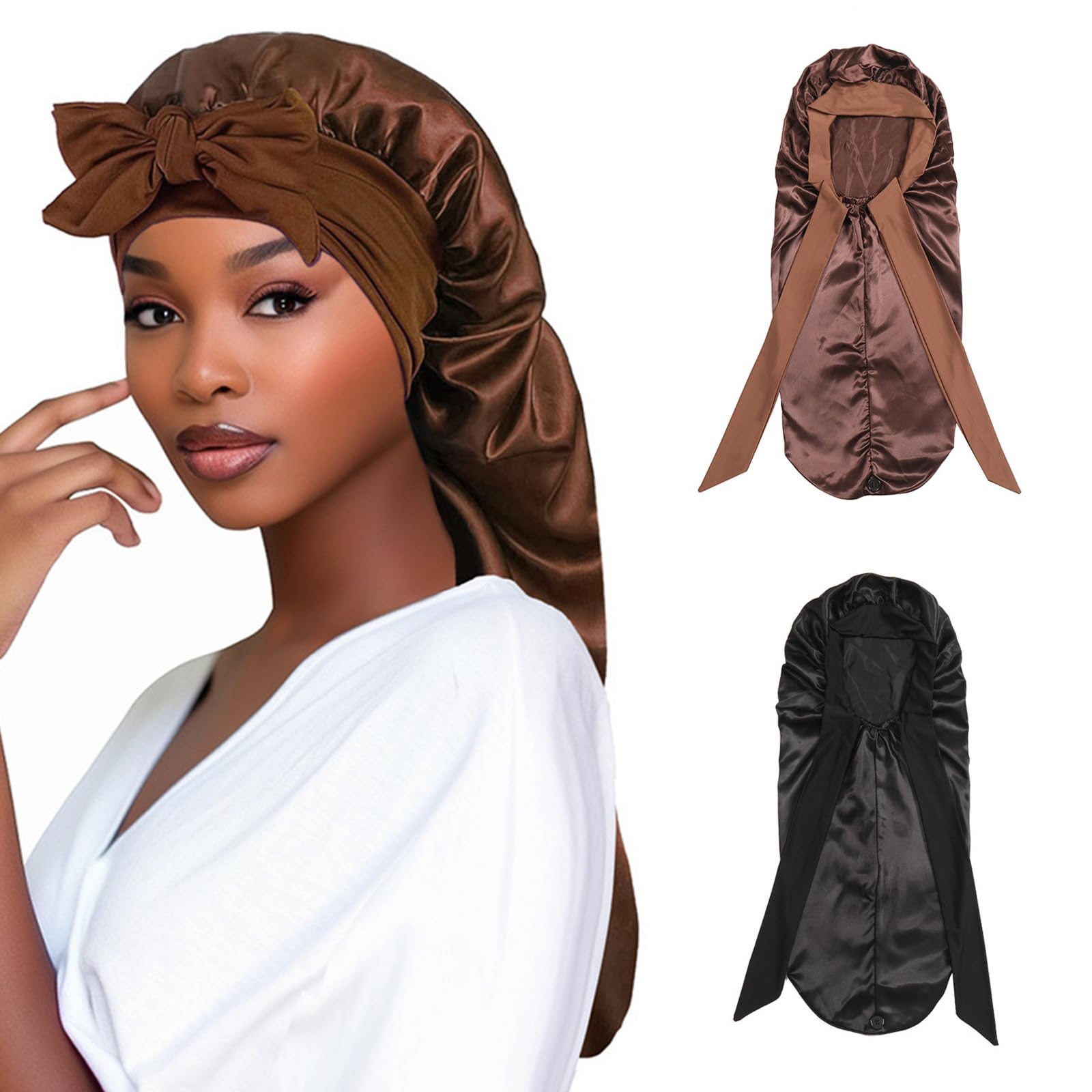 Satin Bonnet Extra Long Silk Sleep Bonnets for Women Adjustable Satin Night Sleeping Cap with Elastic Band Silk Hair Cap for Sleeping Hair Bonnet for Long Curly Hair Braid (Black, Brown, 2 Pcs)