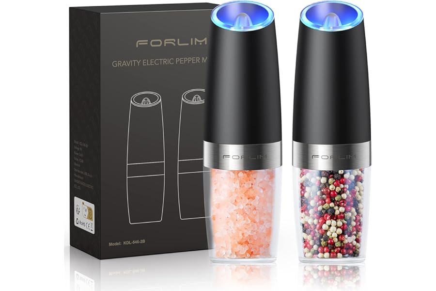 FORLIM Gravity Electric Salt and Pepper Grinder Set, Automatic Pepper Grinder Shakers Mill, Upgraded Batteries Powered Adjust Book