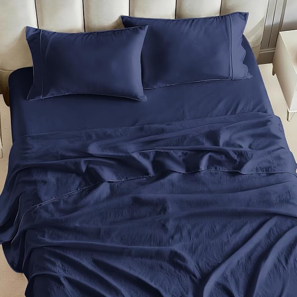 TOKOKIMO KING SHEET SET 4 PIECE, SUPER SOFT WASHED COTTON-LINEN FEEL MICROFIBER, 16″ DEEP POCKET FITTED SHEET, 1 FLAT SHEET, 2 PILLOWCASES, BREATHABLE BED SHEETS, NAVY BLUE
