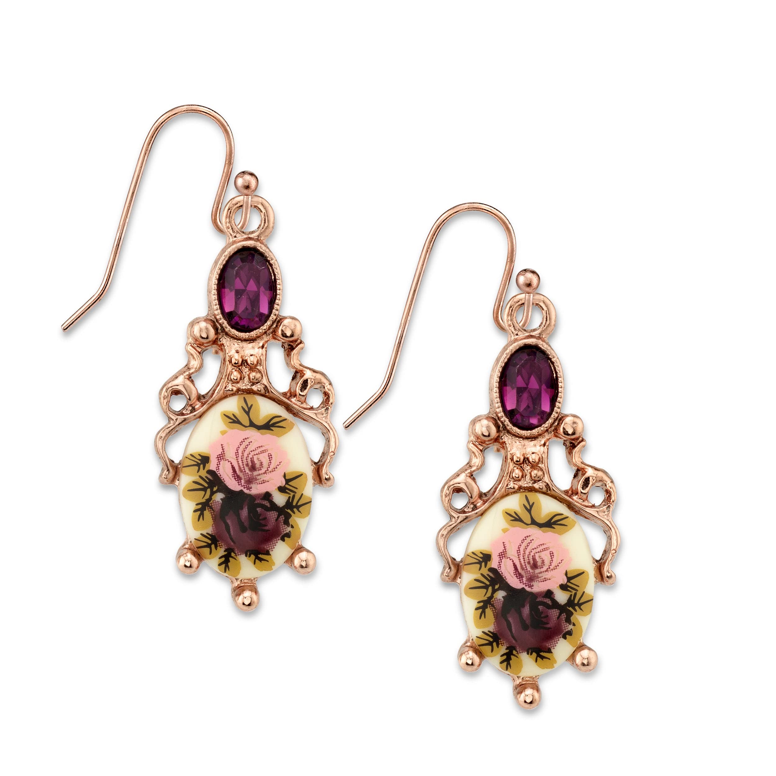 1928 Jewelry Pendientes colgantes de piedra floral y cristal morado en tono oro rosa para mujer