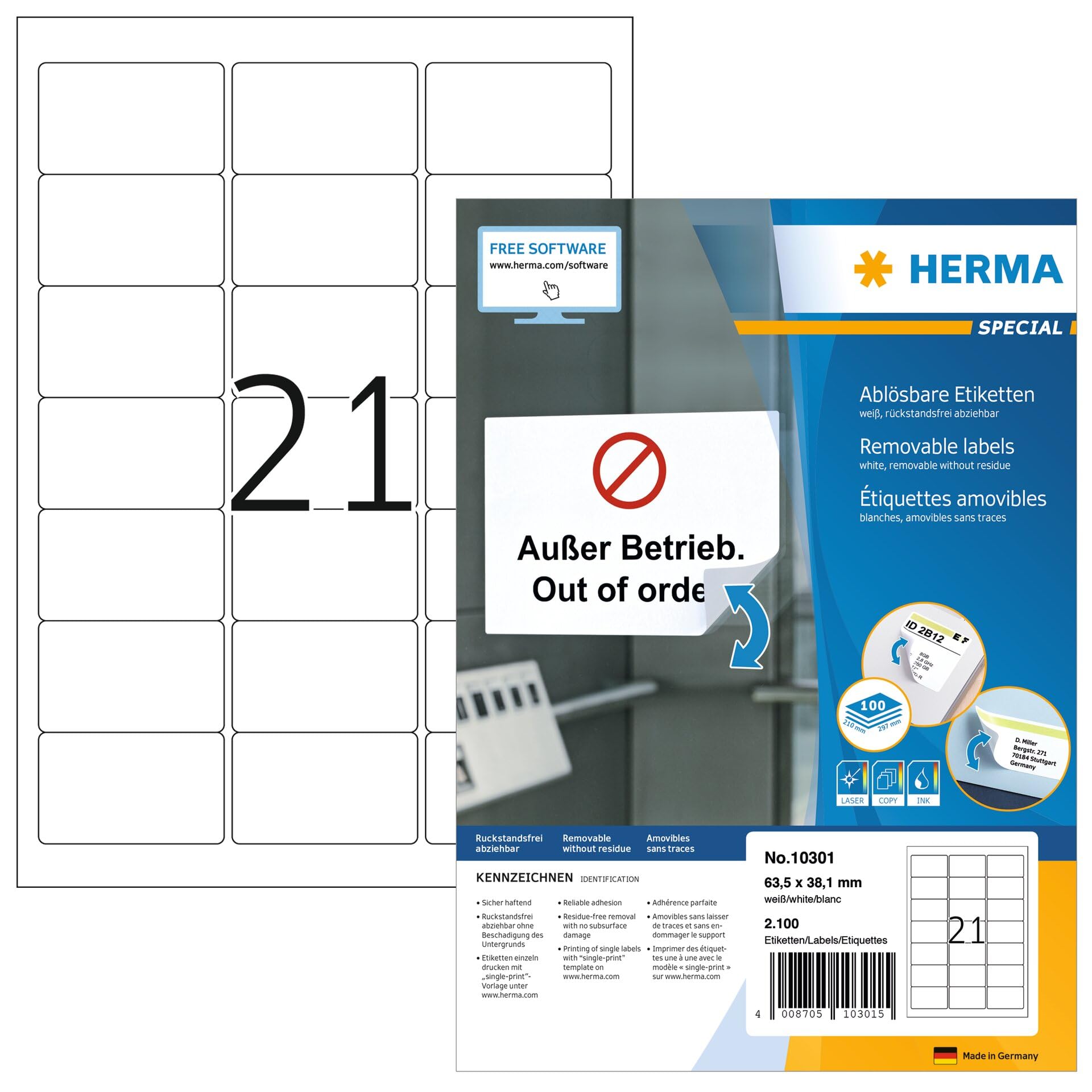 HERMA Self Adhesive Removable Labels, 21 Labels per A4 Sheet, 100 Sheets, 63.5 x 38.1 mm, 2100 Labels, Blank Multipurpose Labels Stickers, Sticky Labels for Laser & Inkjet Printer, White