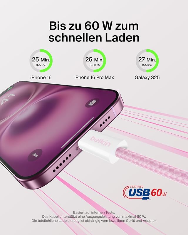 2er-Pack geflochtenes USB-C auf USB-C Ladekabel, 1,5 m, 60W, biegsames, Flexibles Schnellladekabel, für iPhone 17 und 16, Galaxy S25, Pixel 10, iPad Pro usw. – Rosa