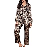 SHENHE Women's 2 Piece Satin Pajama Set Leopard Long Sleeve Button Down Pj Pants Set Loungewear