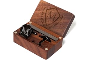 PROPHET CLUE PC Mens Initial Cufflinks and Tie Clip A-Z Alphabet Letter Black Stainless Cuff Links Tie Bar with Engraved Walnut Wood Box Groom Groomsman Wedding Set