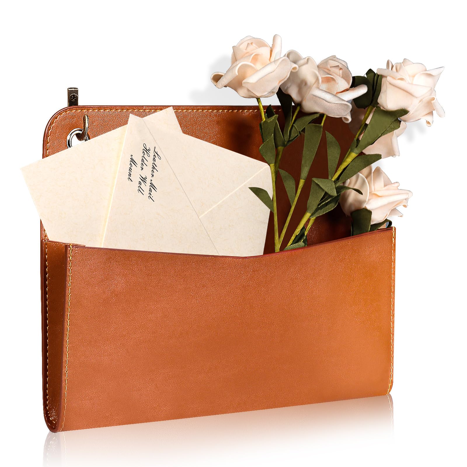 Photo 1 of MSHUNKEJI PU Leather Mail Holder Wall Mount Brown PU Leather Letter Holder Vintage Wall File Organizer 2 Ring Binder Hanging File Holder for Decor Storage Letter Postcards Bill Flowers Office Home