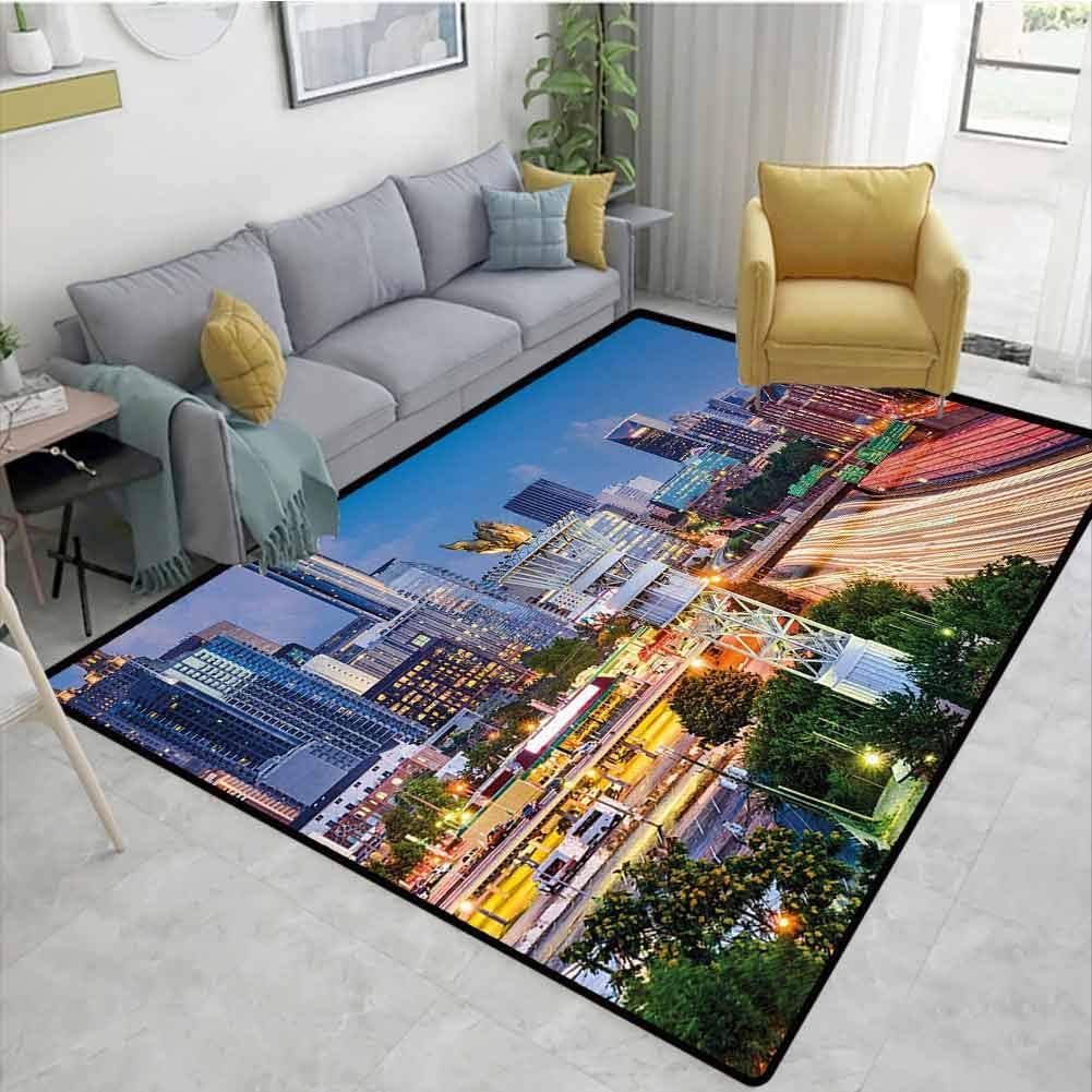 United States Home Decor Area Rug Atlanta Georgia Urban Busy Town with Skyscrapers City Landscape Dining Room Home Bedroom W67 x L102 Pale Blue Yellow Coral