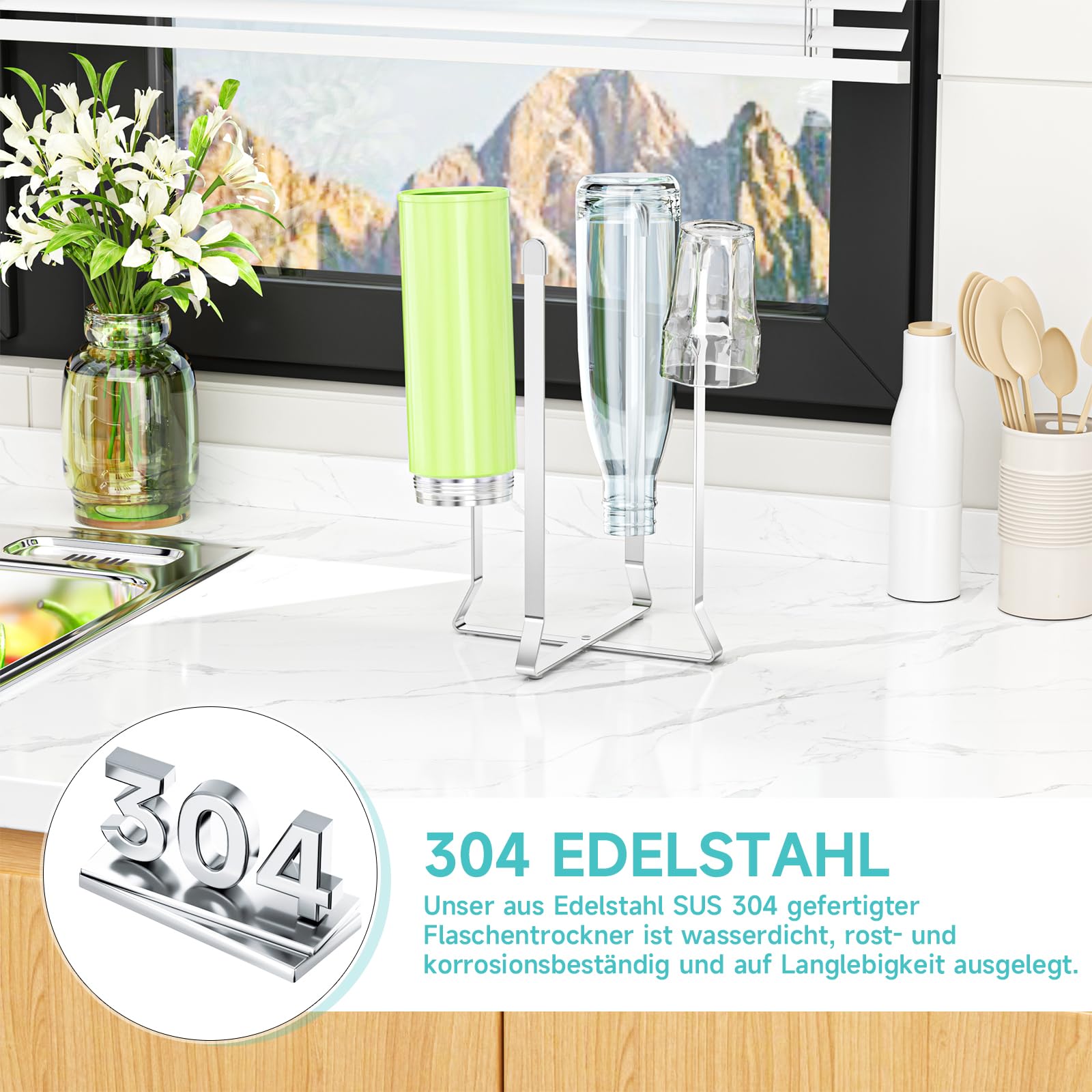 Abtropfgestell Flaschen, Flaschenhalter Küche, Faltbarer Flaschenständer zum Abtropfen, Edelstahl Babyflaschen Trockenständer,Flaschenhalter Abtropfständer, für Plastiktüten, Flaschen (1, Sliver) 3