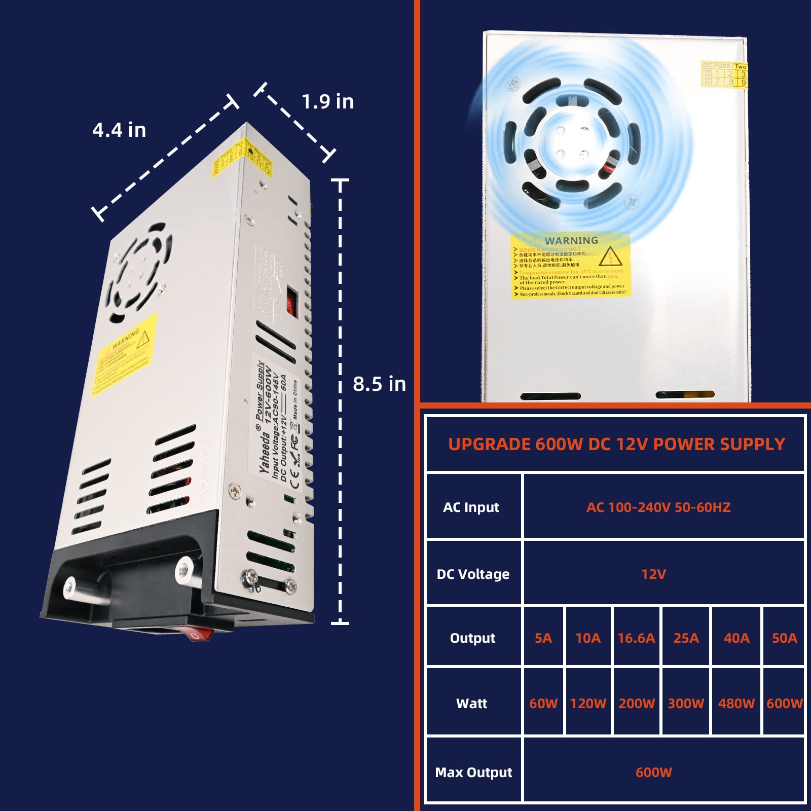 New Version Converter, 110V AC to 12V DC Converter Power Supply 12V 600W 50A DC Switch Transformer for RV,Pump,LED Strip, LCD Monitor