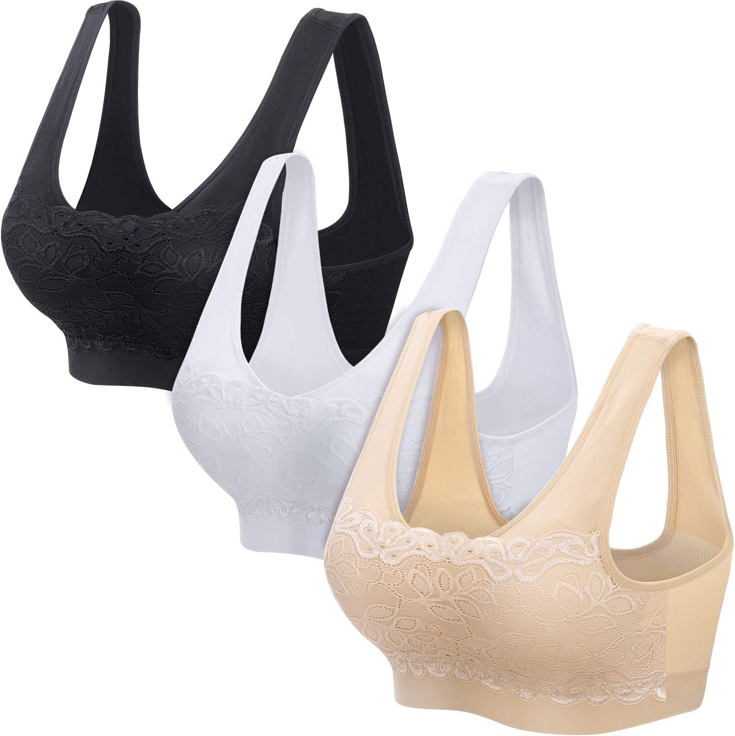 Women's Bra Wide Band Without Strap Breathable Lace Bra Racer Back with Removable Padded 3-Pack