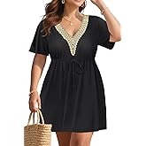 Plus Size Swimsuit Cover Up - Women Lace V Neck Drawstring Bathing Coverup Beach Dress