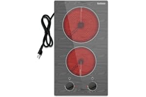 Karinear Electric Cooktop 2 Burners, 110v Portable Electri Stove Top with Knob, Glass Cooktop, Beautiful Woodgrain Pattern, Built-in and Countertop Electric Ceramic Cooktops, 12 Inch, 110v Outlet Plug