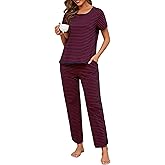Namatime Womens Pajama Sets Cotton 2 Piece Lounge Set Stripe Short Sleeve Pj Set Comfy Loungewear Sleepwear with Pockets