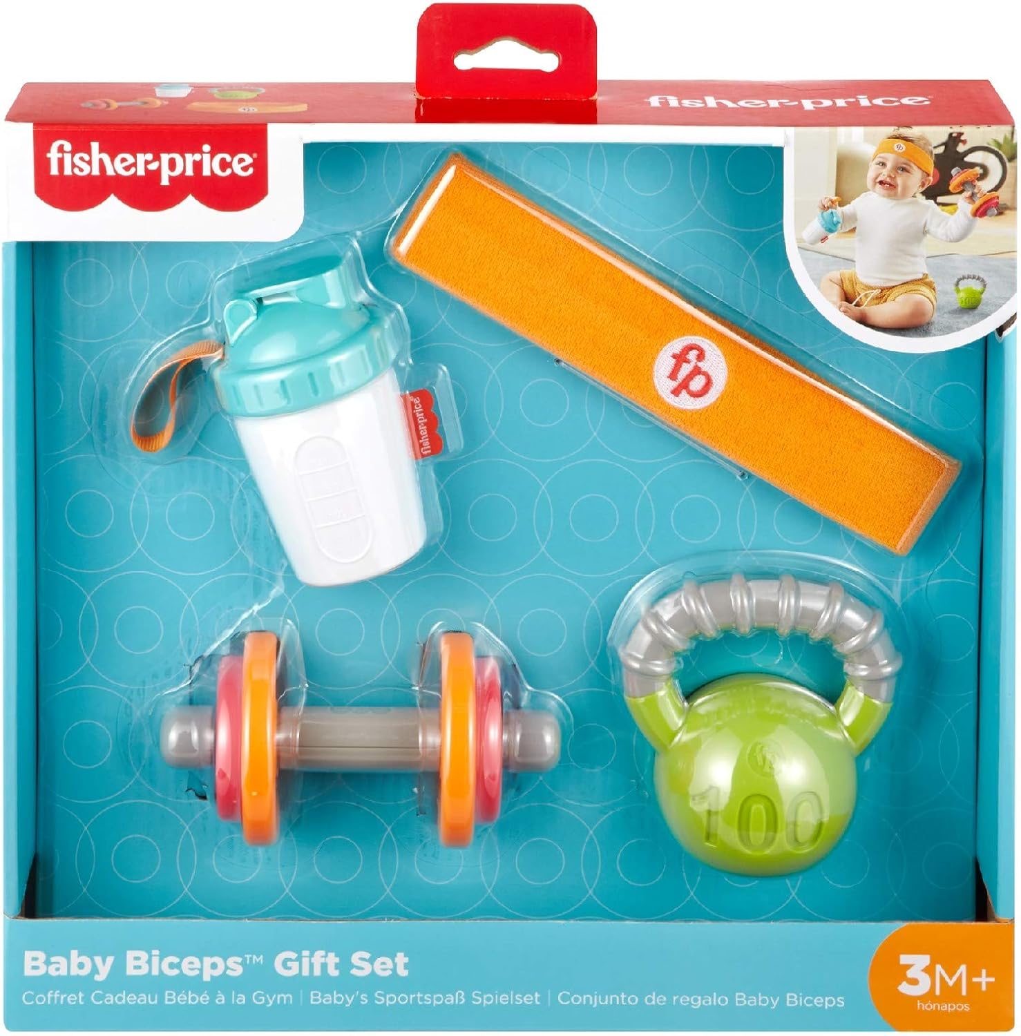 Fisher-Price Baby Biceps Gift Set, 4 fitness-themed baby toys with wearable costume bib, rattle and teether for babies ages 3 months and older: Toys & Games
