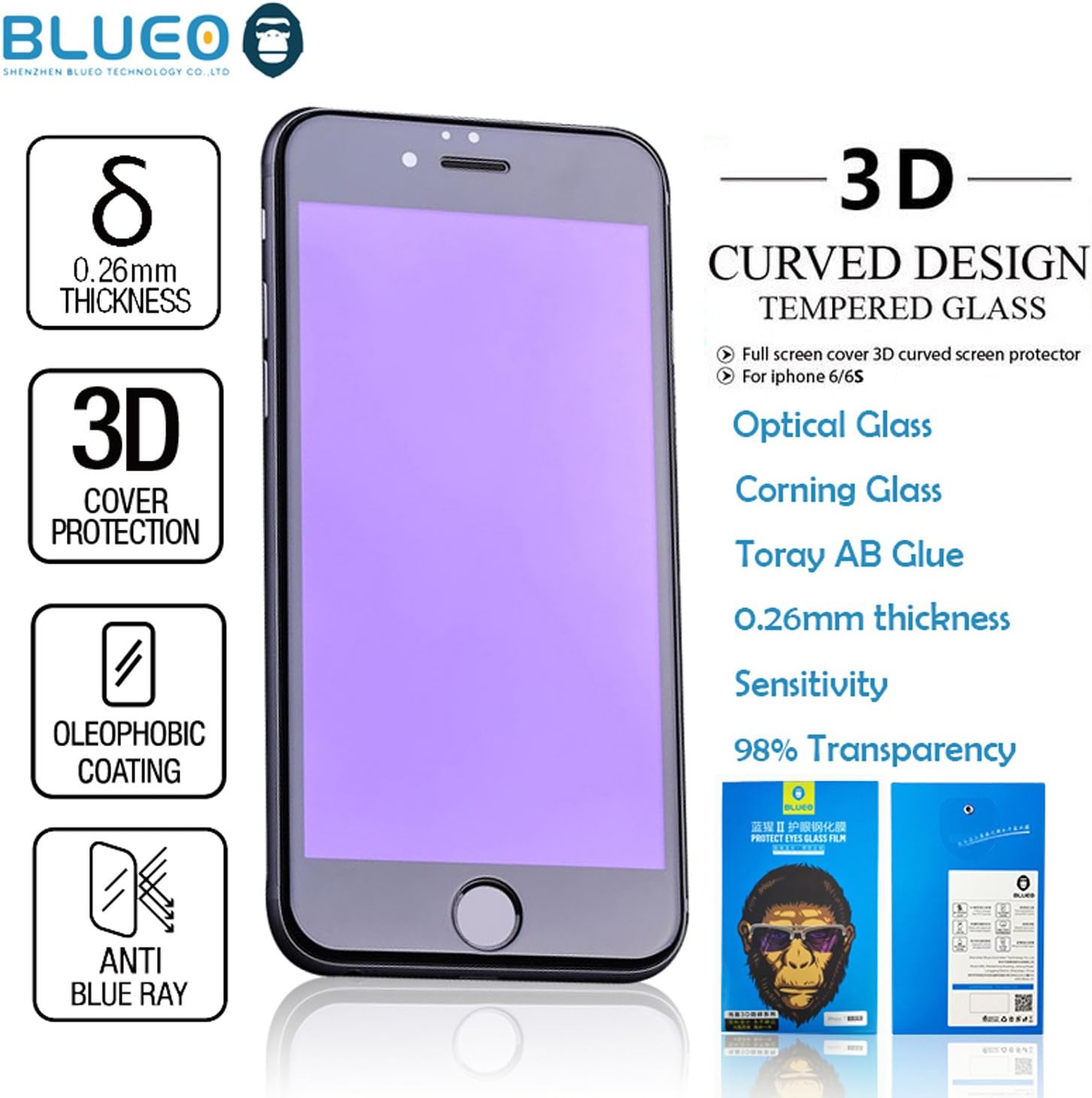 iPhone 7 Screen Protector BLUEO Corning Gorilla AntiBlue 3D Curved