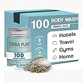 Travel Size Hotel Body Wash 100 Count 1 oz Bottles Guest Amenities for Hotels Vacation Rentals & Short Term Rentals Paraben Free White Tea & Coconut Scent Infused with Aloe and Olive Oil by Terra Pure