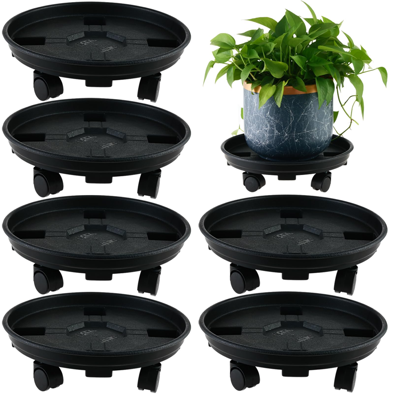 Photo 1 of 6 Packs 13 Inches Large Plant Caddy with Wheels Plant Saucers on Wheels Rolling Plant Stands Heavy-duty Plant Dolly Plastic Planter Roller Base Pot Movers Outdoor Plant Tray Coaster, Black