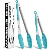 HOTEC Stainless Steel Kitchen Tongs with Silicone Tips, Set of 2-9" and 12" | 600&deg;F Heat-Resistant, Heavy-Duty, Non-Slip, Locking Food Tong for Cooking, Serving, Salad, BBQ, Air Fryer, Dishwasher-Safe