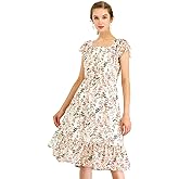 Allegra K Women's Midi Floral Chiffon Dress Flutter Sleeve Belted Square Neck Ruffled Dress