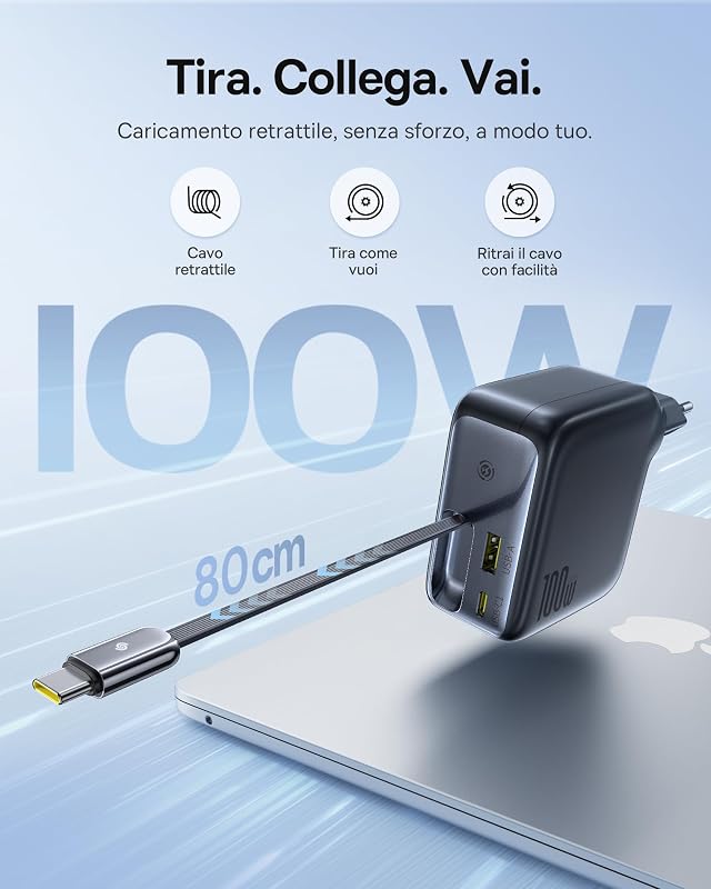 Enercore Caricatore USB C Da 100 W Con Cavo Estraibile, 3 Porte GaN, Caricatore Rapido PD Compatibile Con MacBook Pro Air, Dell, HP, iPad, iPhone 17/16/15/14 Pro Max Plus, Galaxy S25-S20 Ultra