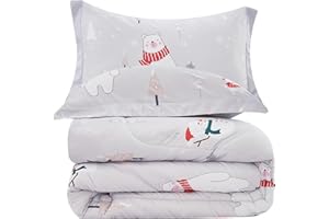YIBEIZI Kids Christmas Comforter Set Full for Boys Girls, Cute Reversible Quilted Bear Snowmen Reindeer Bunny Printed Bedding Set with Pillow Sham, Lightweight Soft Breathable Washable Bed Set 3 Piece