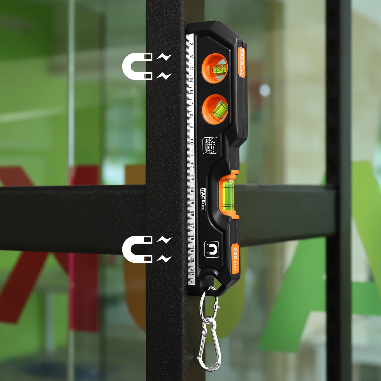 Nivel de burbuja, TACKLIFE -MT-L05-230mm Nivel torpedo magnética, Nivel tubular industrial con tres formas de medición para medir horizontal y vertical, 45 °de ángulo, con Agujero de Suspensión