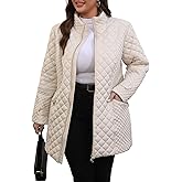 Freetrack Women's Plus Size Long Quilted Jackets Diamond Quilted Lightweight Jacket Stand Collar for Spring Fall