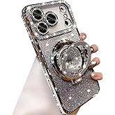 Changjia Glitter Kickstand Case for iPhone 17 Pro,Cute Luxury Bling Sparkly Diamond Rhinestone with Camera Lens Protector Liquid Flowing Ring Stand TPU Bumper Women Girls Case for iPhone 17 Pro,Silver