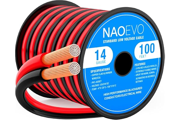 NAOEVO 14 Gauge Wire 100FT, 2 Conductors Electrical Wire Red Black Cable, Flexible/Low Voltage/PVC 14 AWG Copper Clad Aluminu