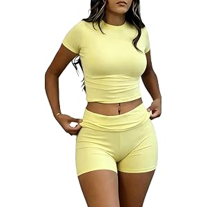 YETOWA Women Y2K 2 Piece Outfits Slim Short Sleeve Low Waist Foldover Shorts Soft Stretchy Tracksuit Streetwear