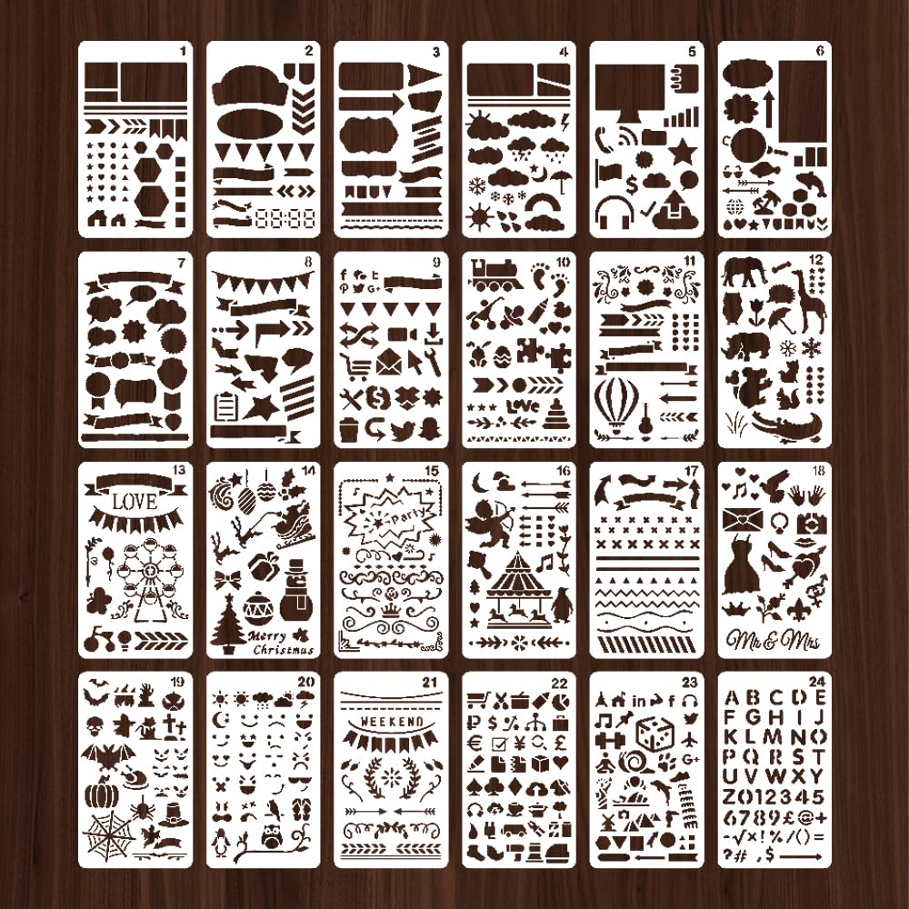 HLIWS Painting Templates-24 Pcs Reusable Painting Template Stencils,Scrapbooking Stencils,for journaling,Scrapbooking,Card Making,DIY Art Creations