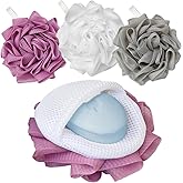 3 Pack Bath Loofah Shower with Soap Bags, Dual-Use Exfoliating Bath Sponges Soap Saver for Women & Men, Gentle Body Scrubber (White, Gray, Purple)