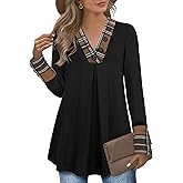 Messic Women's Long Sleeve Button V Neck Flowy Pleated Shirts Casual Tunic Tops Blouse