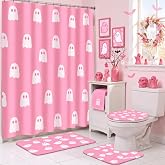 Maasechs 6 Pcs Halloween Pink Shower Curtain Set 72 x 72 in | Pink Ghost Halloween Bathroom Decor, 12 Hooks, Toilet Lid Cover, Bath Mat, 2 Towels, U-Shaped Rug for Home