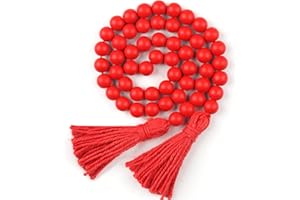 RAMIRABI Wood Beads Garland with Tassels,Chinese New Year Decorations, Farmhouse Beads Rustic Prayer Beads Boho Beads for Boho Home Decor(Red)