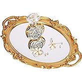 Zosenley Polyresin Ellipse Antique Decorative Mirror Tray, Makeup Organizer, Jewelry Organizer, Serving Tray, 9.8”x 14.6”, Gold