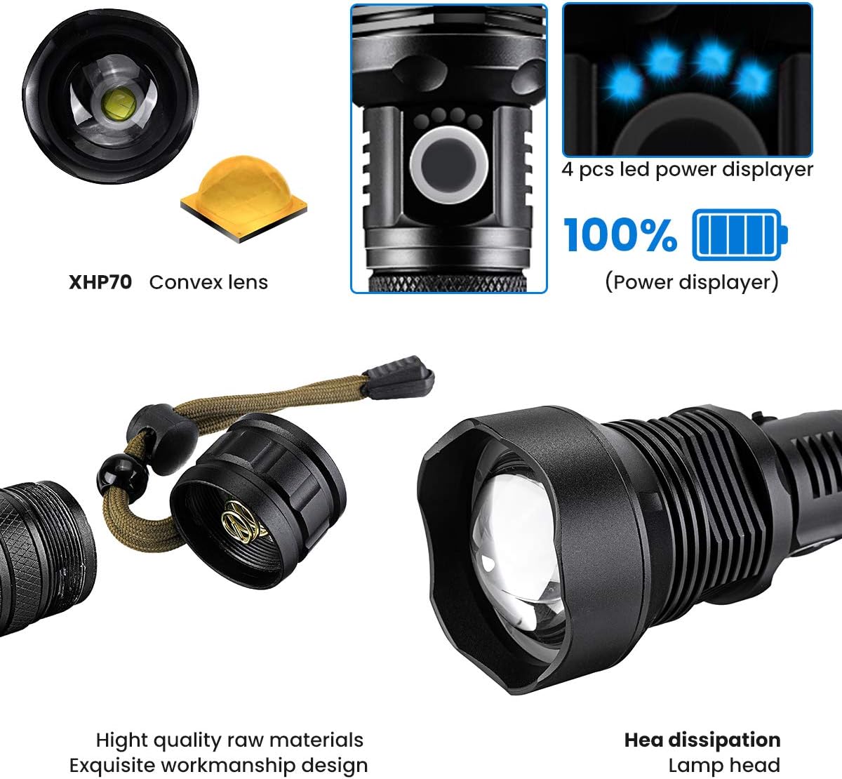 LED Flashlight 90000 Lumens Most Powerful 26650 USB Torch, Single Mode, High Lumen, Zoomable, Water Resistant - Camping, 3 Modes Searchlight for Outdoor or Home Emergency Everyday Flashlights - - 