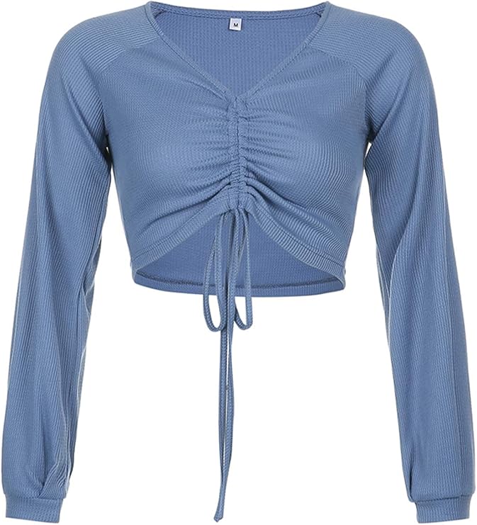 Women 's Long Sleeve Crop Tops Y2k Drawstring Ruched Cropped Shirt E
