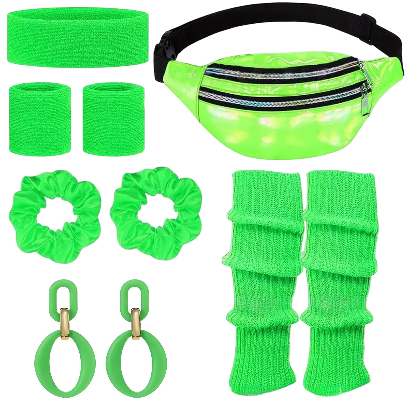 80s Outfit Women's Retro Costume Clothing Accessories 80s 90s Clothing Costume Accessories Headband,Bracelets,Leg Warmers,Earrings,Belt Bag and Glasses for Carnival Neon Party (6, Green, One Size) — image 1