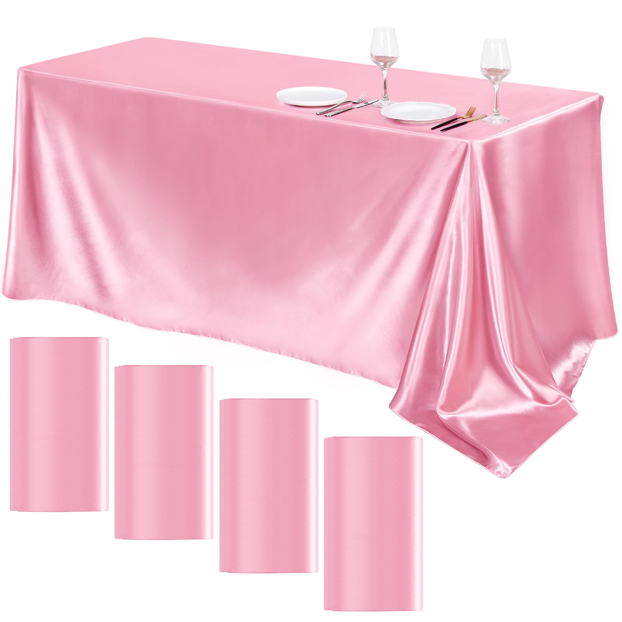 Photo 1 of TURSTIN 4 Packs Pink Satin Tablecloth 102 x 58 Inch Overlay Satin Table Cover Rectangle Bright Silk Tablecloth Smooth Fabric Table Decoration for Wedding Banquet Party Events