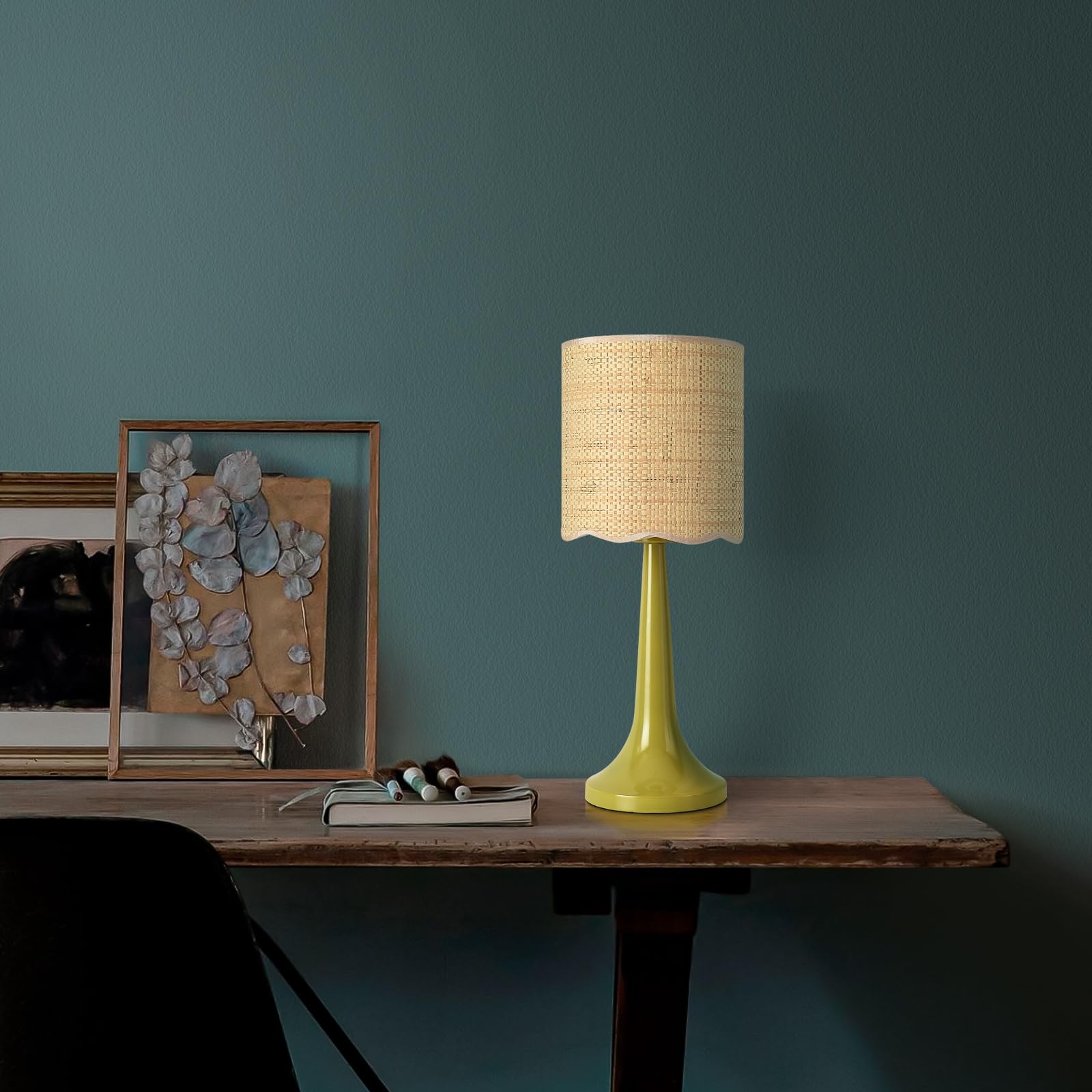 Photo 1 of Green Rattan Small Table Lamp for Bedroom, Green Bedroom Lamps for Bedside Nightstand, Small Rattan Shade Table Shape Lamps for Small Spaces for Kitchen Counter, Home Office, Living Room, Kids Dorm