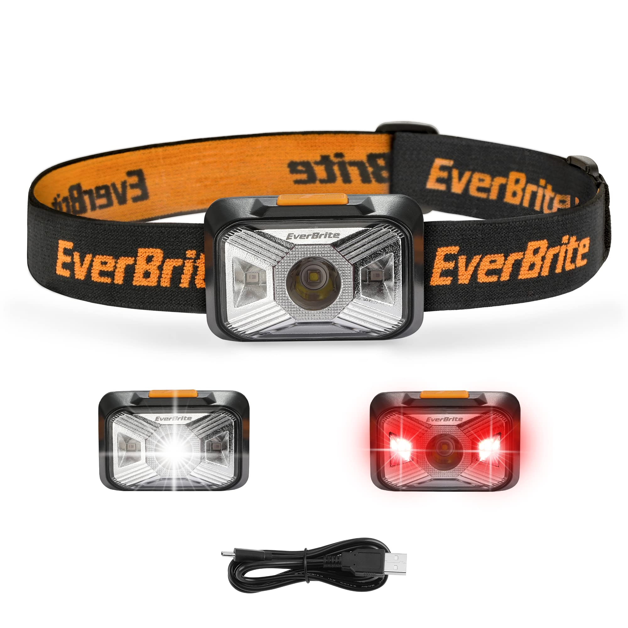 EverBrite Head Torch Rechargeable, LED Headlight Super Bright with Red Light, 250 Lumen 4 Modes Lightweight Headlamp, for Power Cuts, Emergency, Running, Hiking