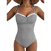 Herseas Women’s Striped One Piece Swimsuits Tie Shoulder High Cut Tummy Control Bathing Suit 2026 Summer Beach Swimwear