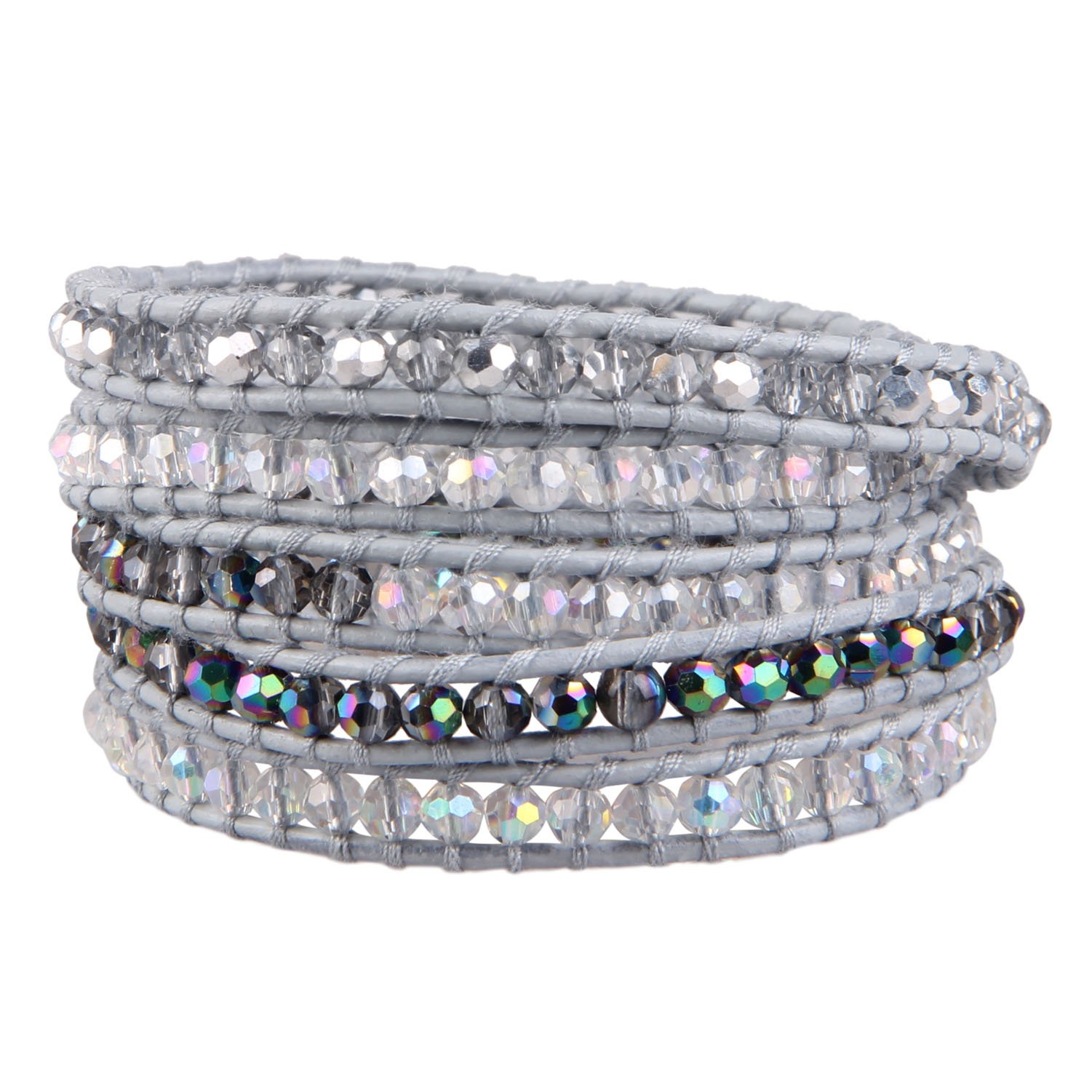 KELITCH Crystal 5 Wraps Bracelets Handmade Leather Beaded Bracelets Multi Strands Bracelets Bangles (Gray 0)