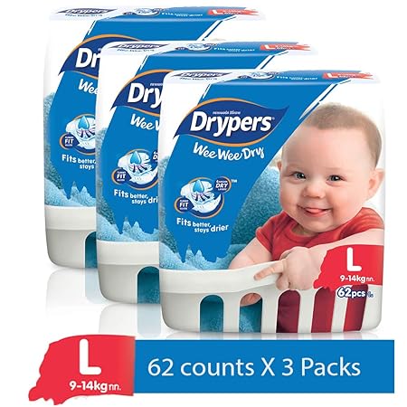 Drypers Wee Wee Dry Large Sized Diapers, Combo Pack of 3, 62 Counts Each (186 Counts)(Taped Diaper)